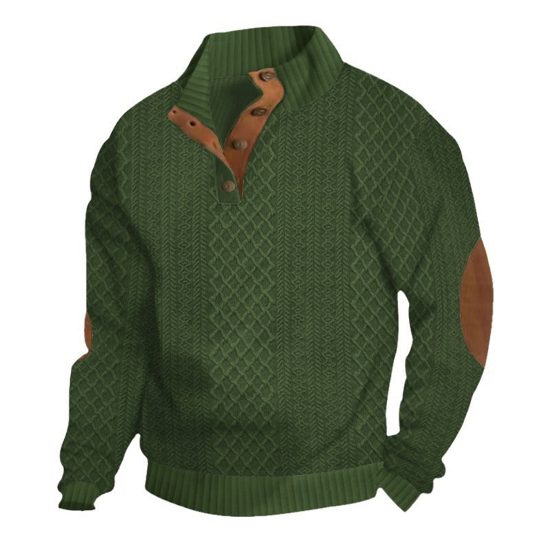 Herren Strukturiertes Zopfmuster-Henley-Pullover mit Lederbesatz an Ellbogen & Knopfleiste EB