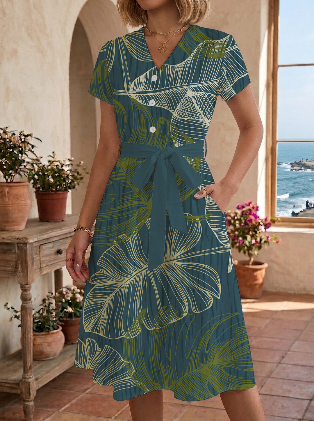 Damen Midi-Kleid mit floralem Design und bequemer Passform EB