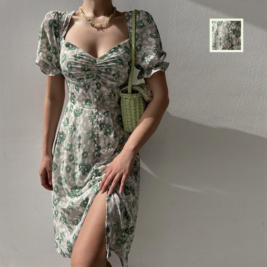 Damen Blumenkleid mit gerafften Ärmeln und seitlichem Schlitz EB
