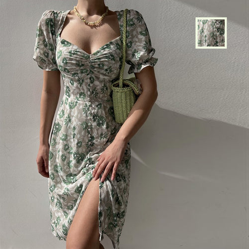 Damen Blumenkleid mit gerafften Ärmeln und seitlichem Schlitz EB