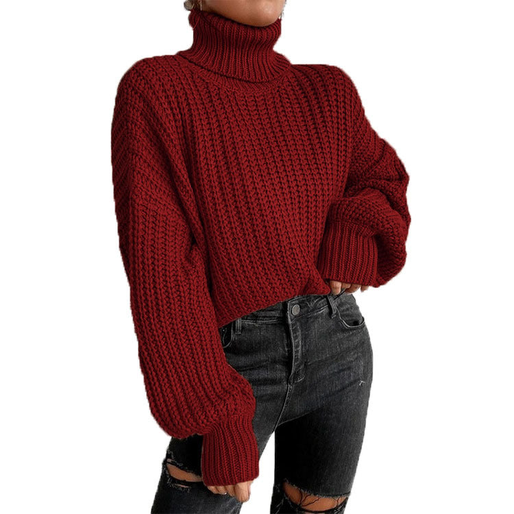 Damen Strickpullover mit hohem Kragen und komfortablem Schnitt EB