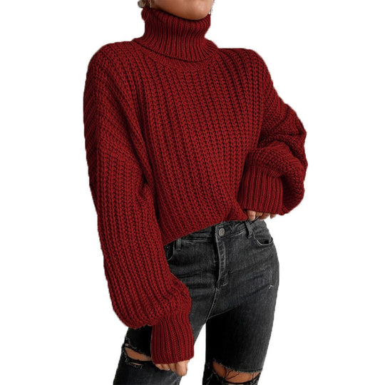 Damen Strickpullover mit hohem Kragen und komfortablem Schnitt EB