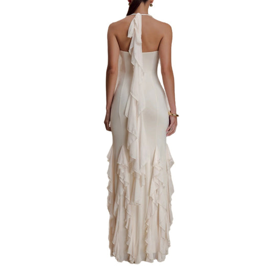 Damen Elegantes Langarm-Maxikleid mit Rüschendetails EB