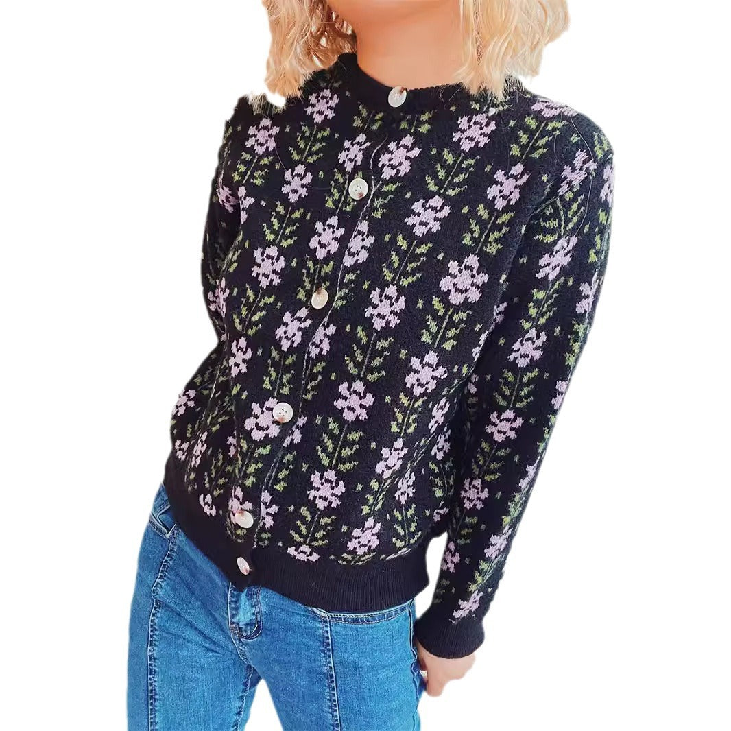 Damen Strickjacke mit floralem Muster und durchgehender Knopfleiste EB