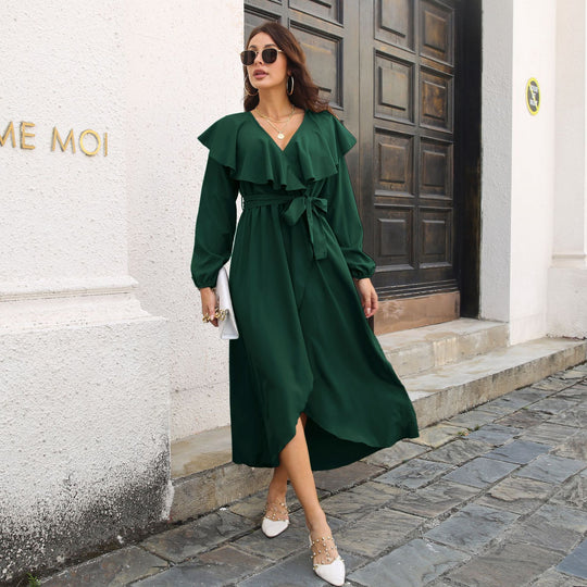 Damen Maxikleid mit Volant und Gürtel EB