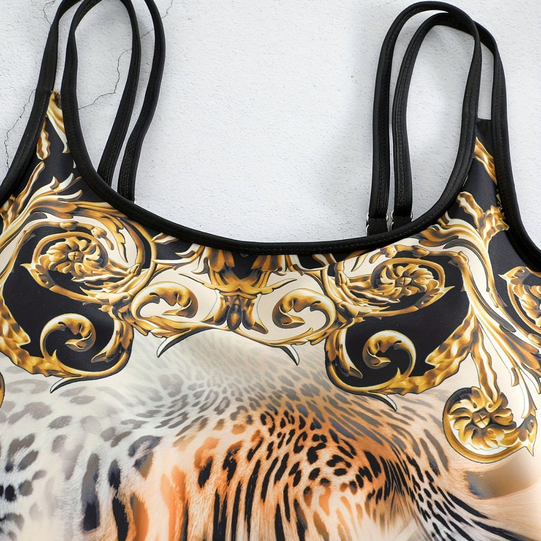 Damen Sportliches Tankini-Set mit modischem Animal-Print und Boxershorts EB