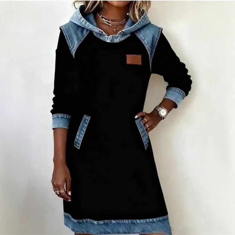 Damen nan Kapuzen-Sweatkleid mit Jeans-Applikationen, Kängurutaschen und lässigem Schnitt EB