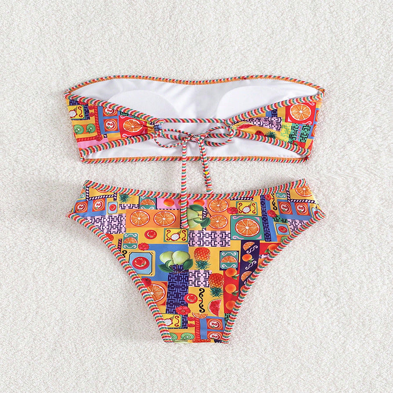 Damen Bandeau-Bikini mit buntem Muster und elastischem Unterteil EB