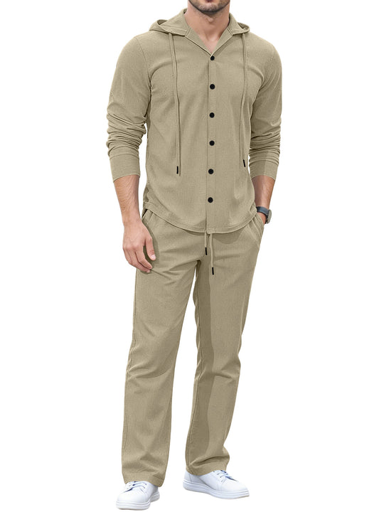 Herren Lässiges Knopf‑Hoodie Lounge‑Set aus Jersey mit Kordelzug und Komfort‑Jogger EB