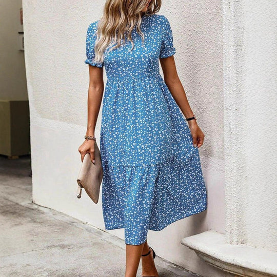 Damen nan ausgestelltes Midikleid mit hohem Rundhalsausschnitt, Puffärmeln, geraffter Empire-Taille und Stufensaum EB