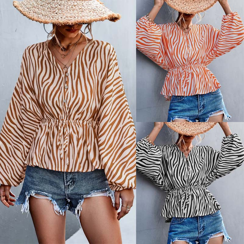 Damen Oversize Bluse mit Zebra-Print und taillierter Raffung EB