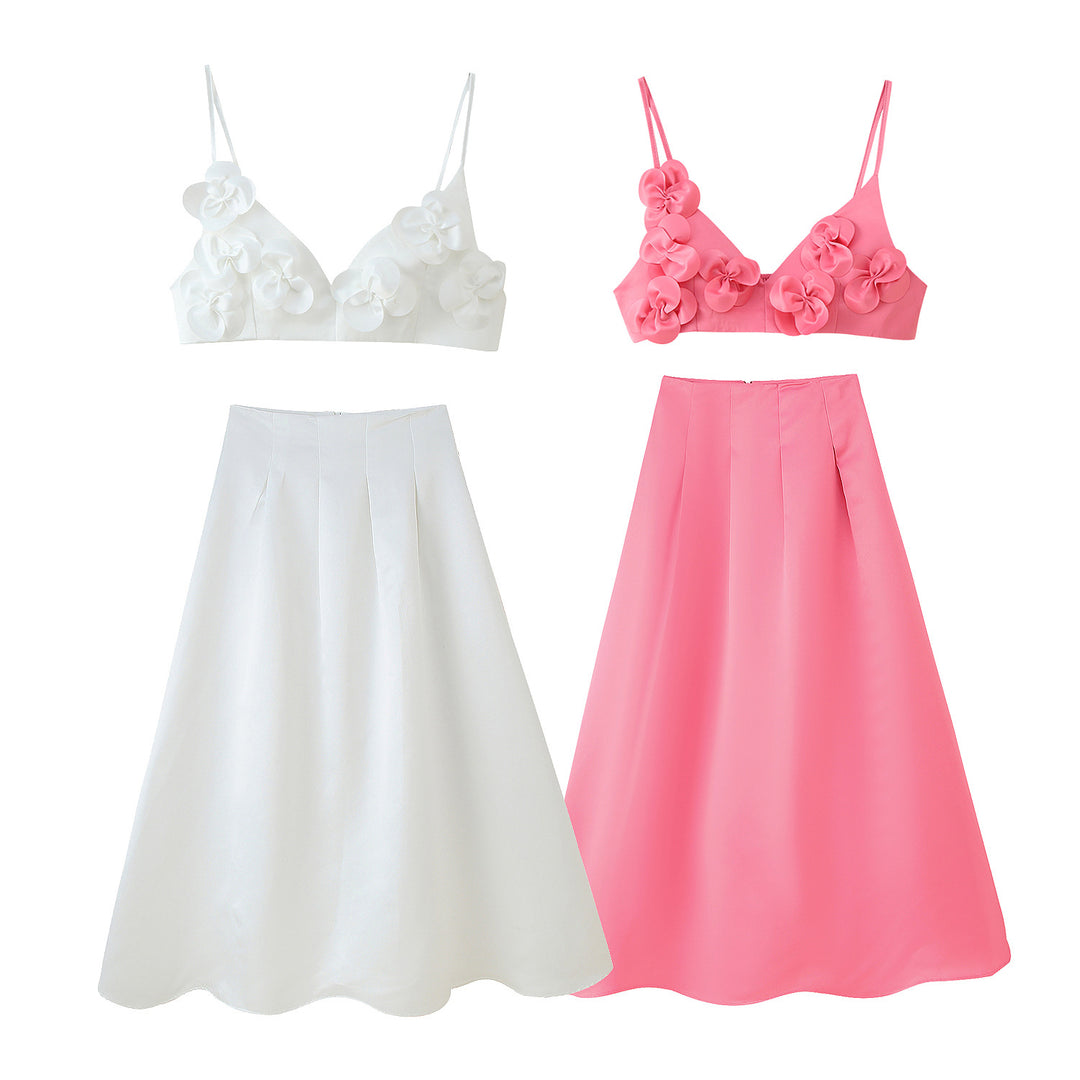 Damen Modisches Set mit Blumendetails und ausgestelltem Rock EB
