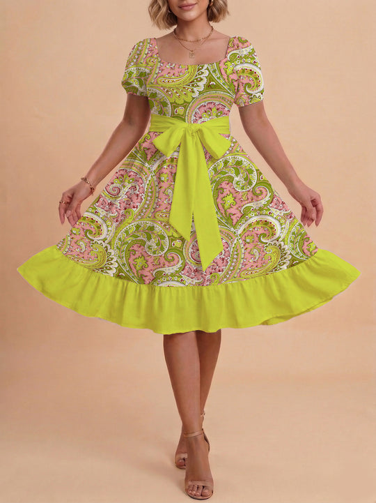 Damen modernes Blumenkleid mit elegantem Taillengürtel und asymmetrischem Saum EB