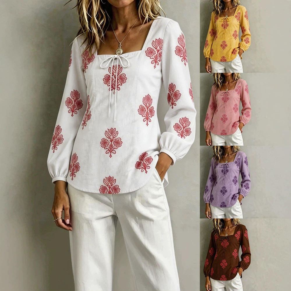Damen Bestickte Tunika-Bluse mit quadratischem Ausschnitt und femininen Ballonärmeln EB