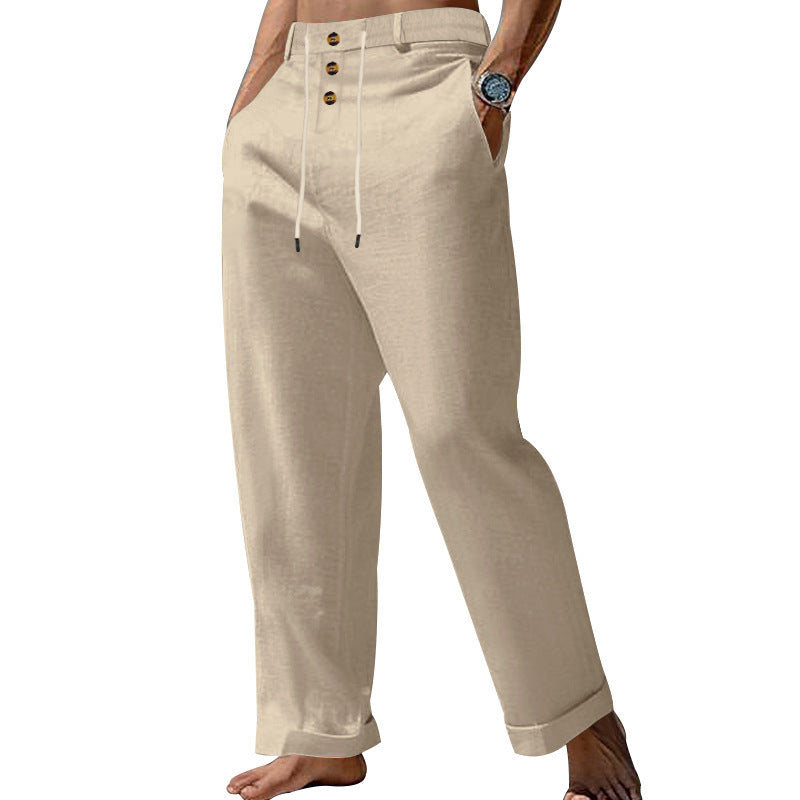 Herren nan weite Leinenoptik-Hose mit dreifacher Knopfleiste Kordelzug und gekrempeltem Saum EB