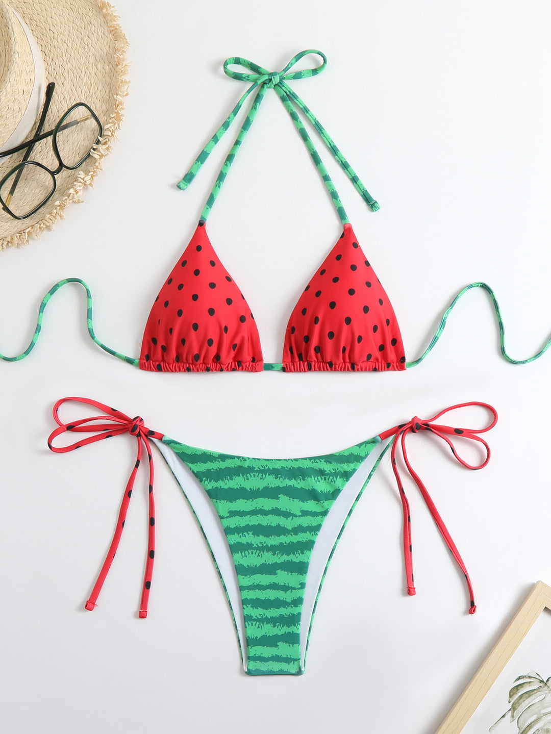 Damen Triangel-Bikini mit verspieltem Obstdesign und verstellbaren Trägern EB