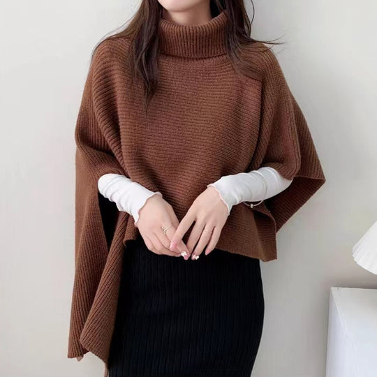 Damen Strickponcho mit hochgeschlossenem Kragen und eleganter Rippstruktur EB