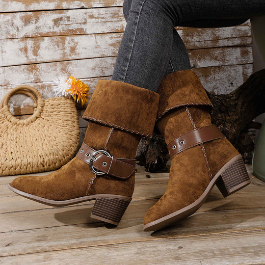 Damen modische Ankle-Boots mit breitem Umschlag und dekorativem Riemchen EB