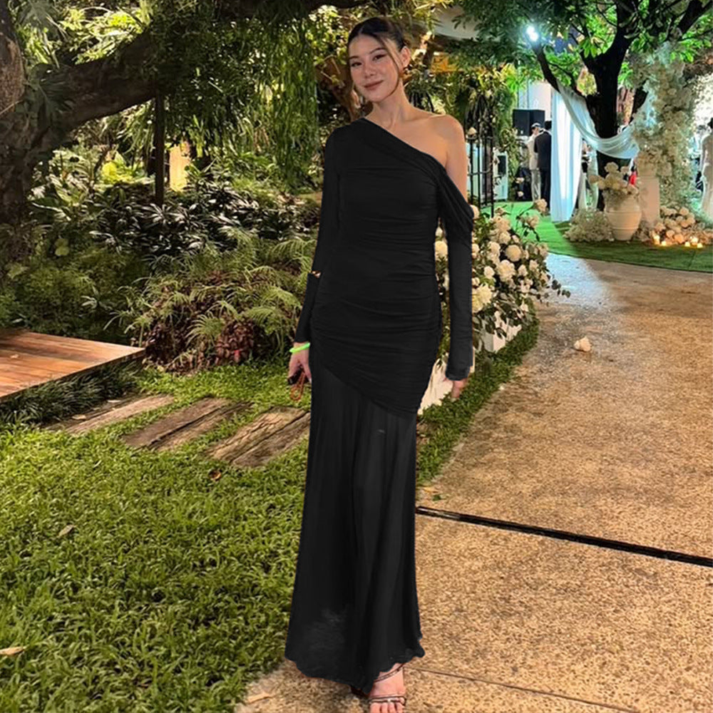 Damen Elegantes Maxikleid mit asymmetrischem Schnitt und raffiniertem Rüschendesign EB