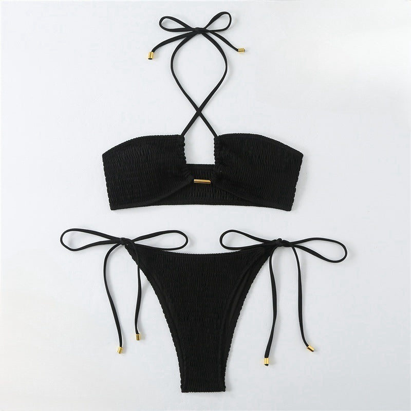 Damen Bikini-Set mit gerafftem Bandeau-Oberteil und hoch geschnittenen Höschen EB