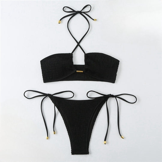 Damen Bikini-Set mit gerafftem Bandeau-Oberteil und hoch geschnittenen Höschen EB