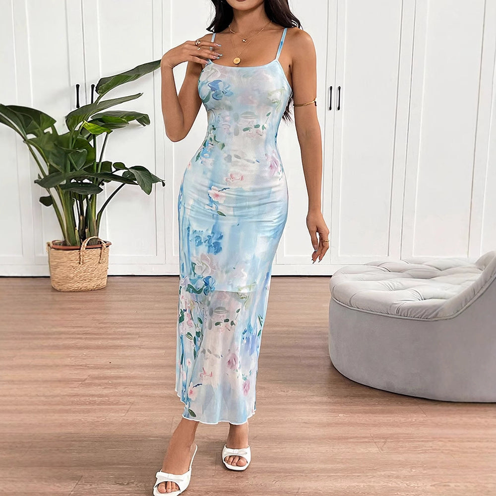 Damen fließendes Maxikleid mit Spaghettiträgern und floralem Druck EB