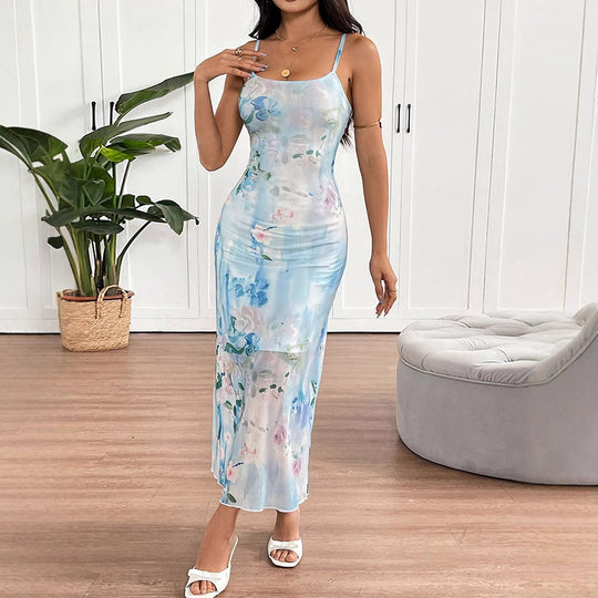 Damen fließendes Maxikleid mit Spaghettiträgern und floralem Druck EB