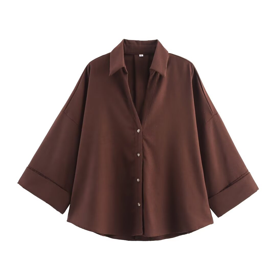 Damen nan lockere oversized Hemdbluse mit weitem Kragen und Dreiviertelärmeln EB