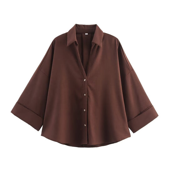 Damen nan lockere oversized Hemdbluse mit weitem Kragen und Dreiviertelärmeln EB
