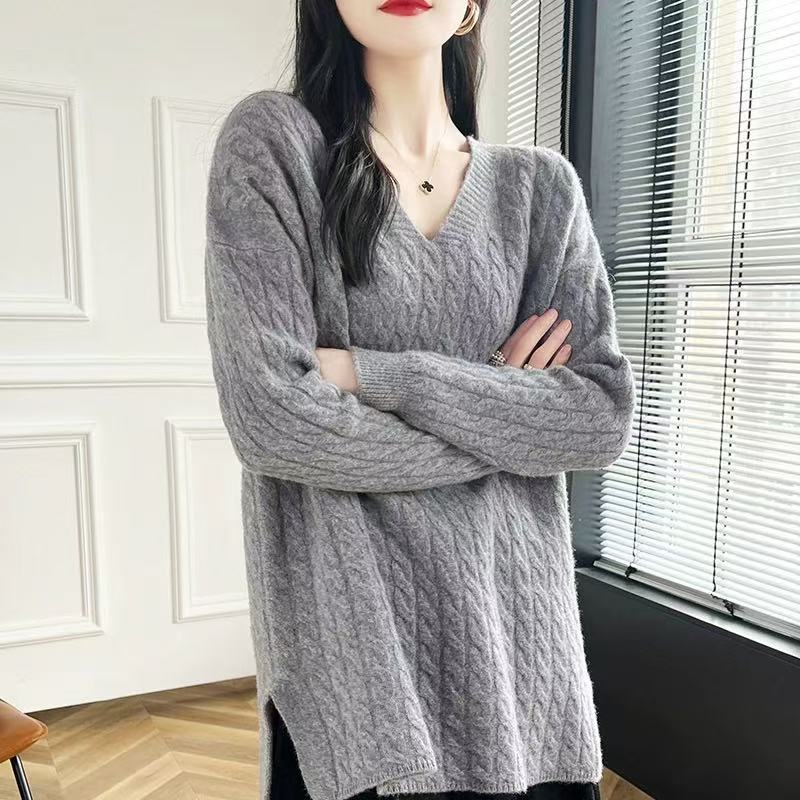 Damen Grobstrickpullover mit V-Ausschnitt und lässigem Schnitt EB