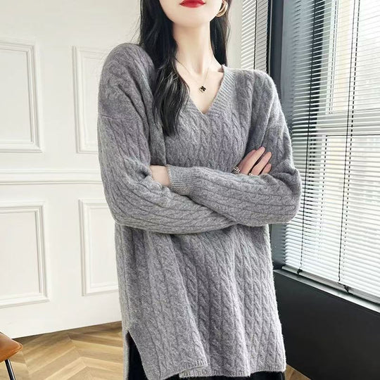 Damen Grobstrickpullover mit V-Ausschnitt und lässigem Schnitt EB