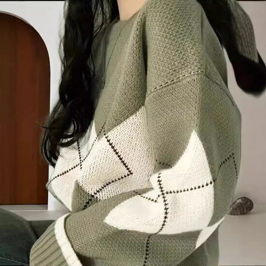 Damen Grobstrickpullover mit modernen Rautenmustern und weitem Schnitt EB