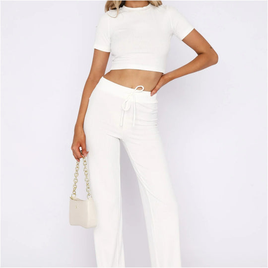 Damen Geripptes Crop-Set aus Stretch‑Jersey mit taillenhoher Kordel-Hose EB