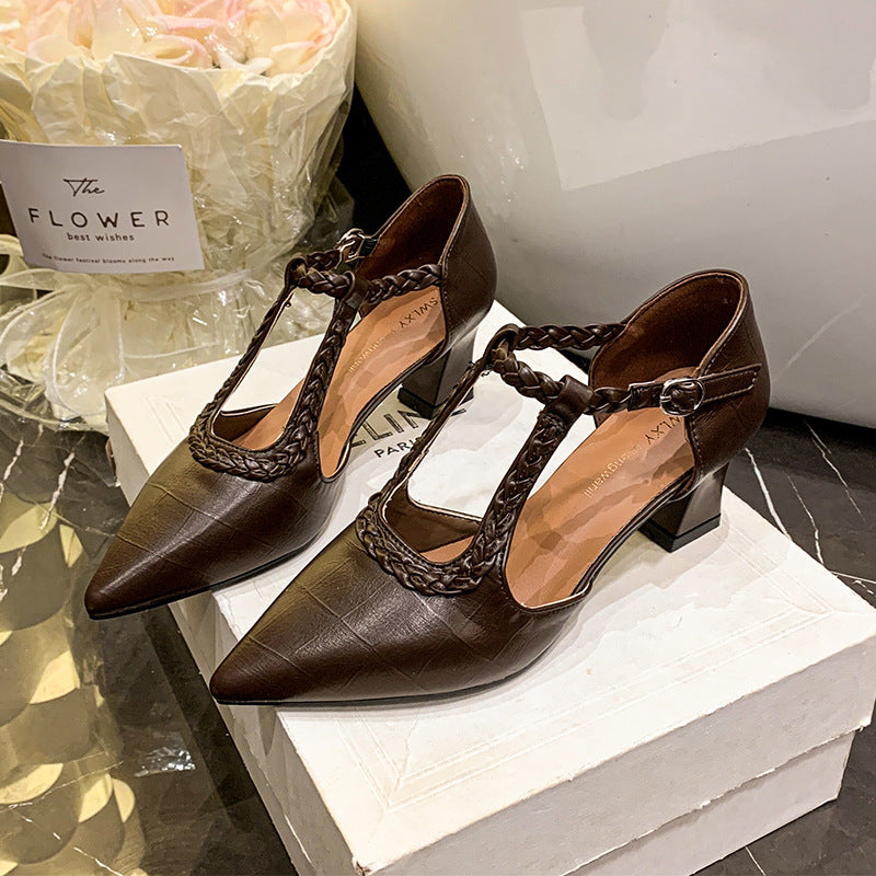 Damen elegante T-Strap Pumps mit geflochtenem Riemchen EB