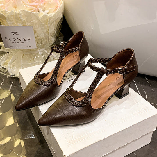 Damen elegante T-Strap Pumps mit geflochtenem Riemchen EB