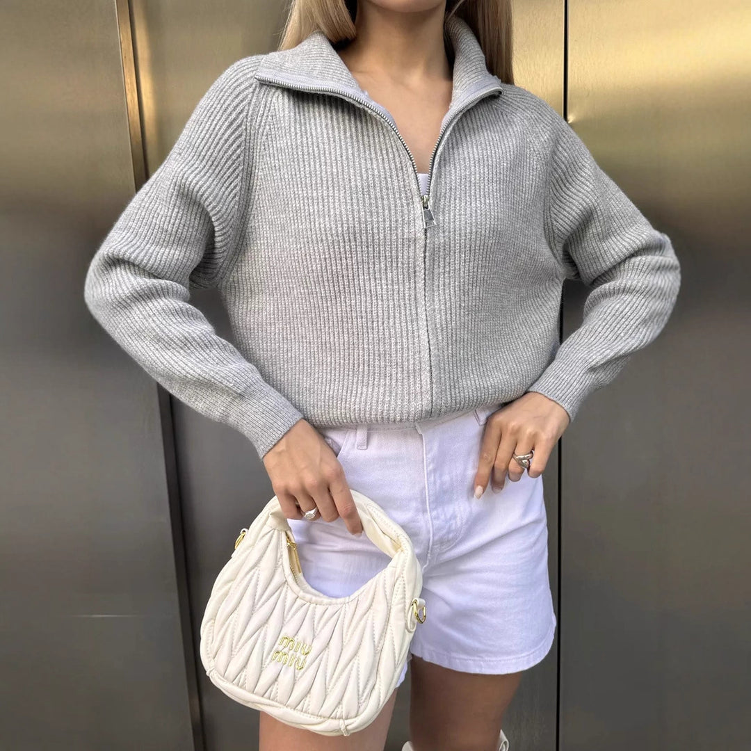Damen Pullover mit hochschließendem Reißverschluss und strukturiertem Maschenmuster EB