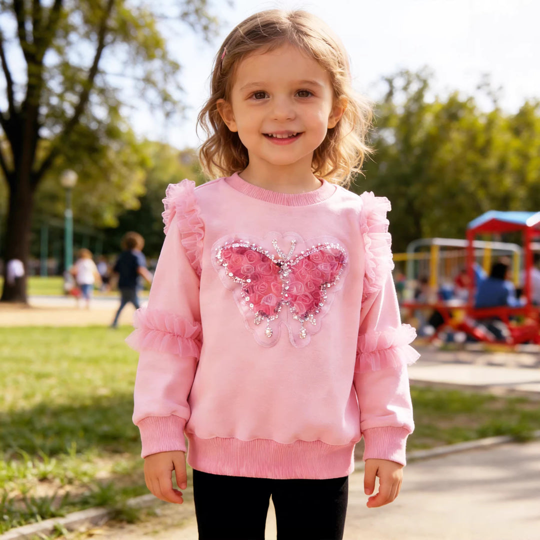 Mädchen Sweatshirt mit glänzendem Schmetterlingsmotiv und Rüschendetails EB