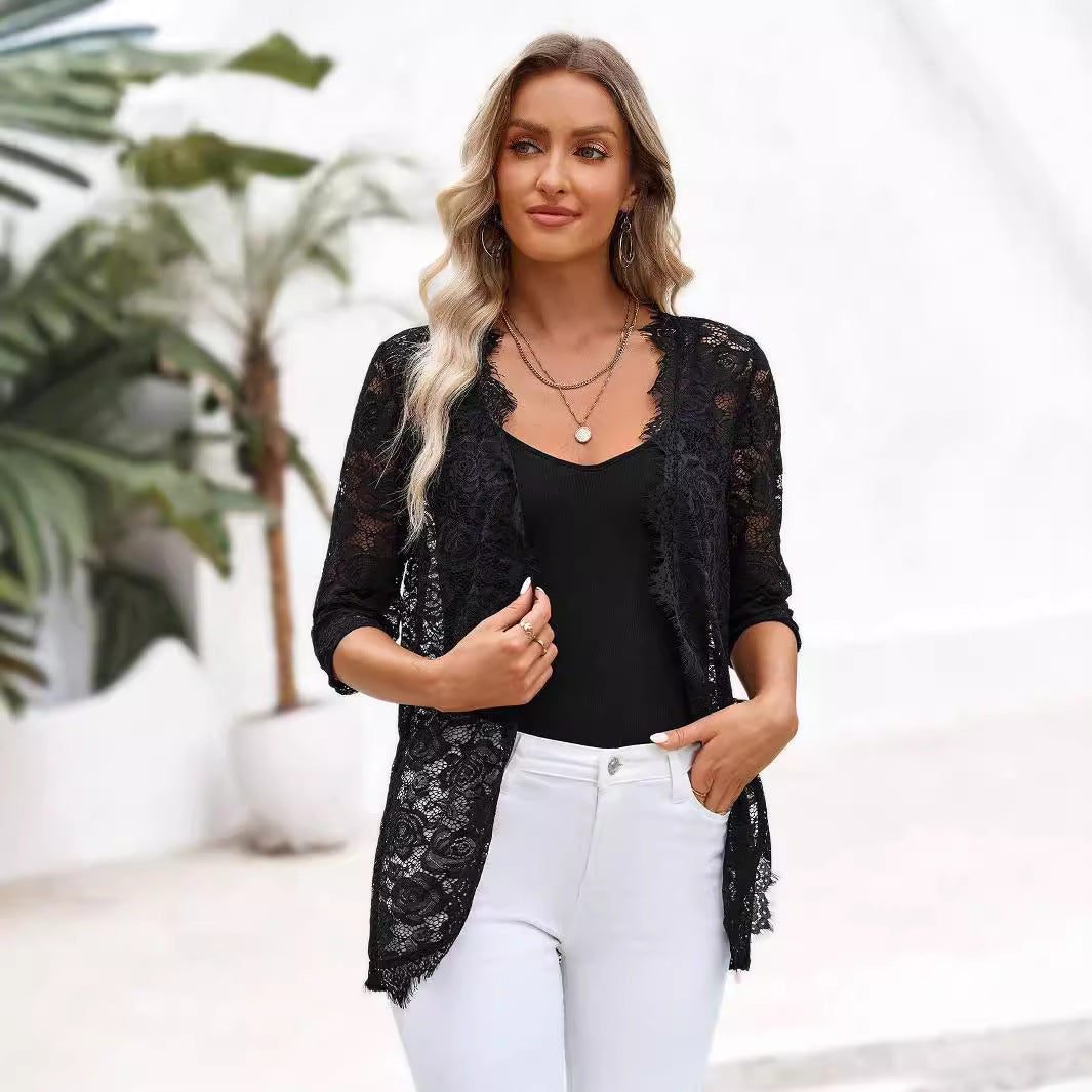 Damen Spitzencardigan mit romantischem Design und langem Arm EB