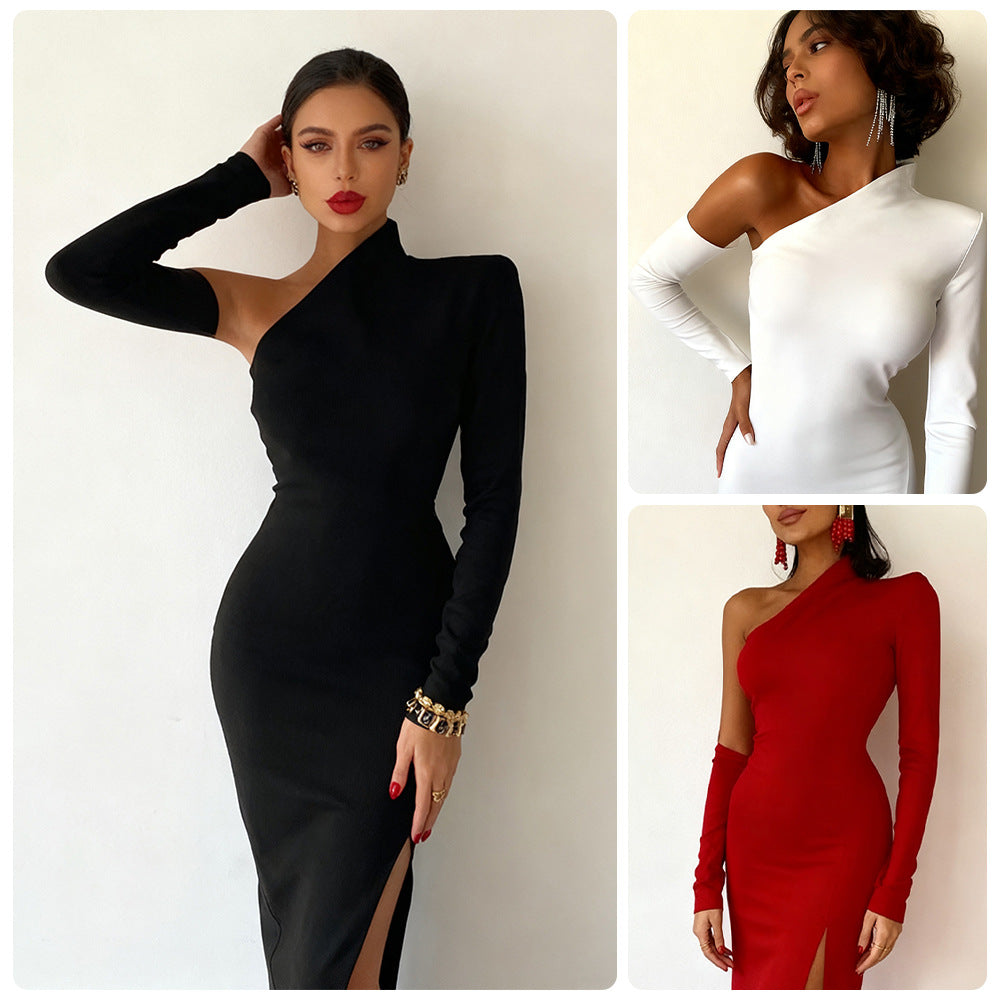 Damen Elegantes asymmetrisches Abendkleid mit hohem Schlitz und langem Arm EB