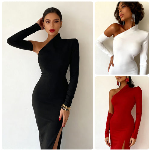Damen Elegantes asymmetrisches Abendkleid mit hohem Schlitz und langem Arm EB