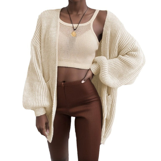 Damen Großer Strickjacke mit voluminösen Ärmeln und praktischen Taschen EB