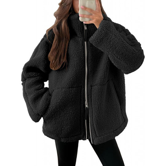 Damen Kuschelige Teddyfelljacke mit hohen Kragen und Reißverschluss EB