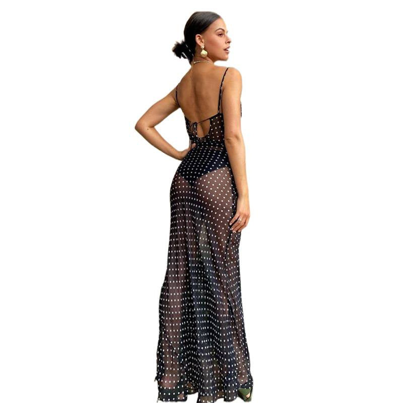 Damen transparentes Beachkleid mit Polka-Dot-Muster und fließendem Schnitt EB