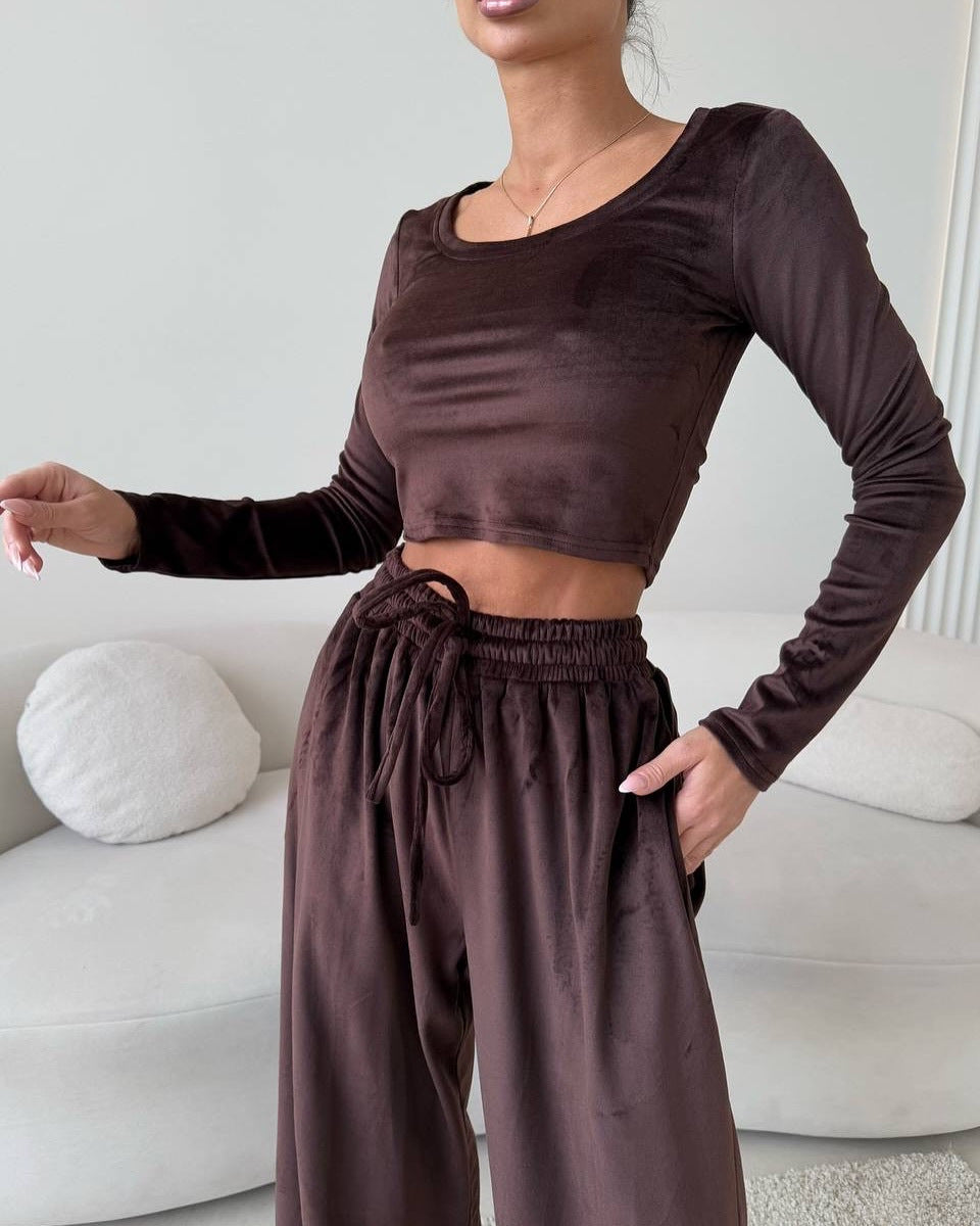 Damen Samt-Loungewear-Set mit Cropped-Langarmshirt und hoher Taillen-Palazzohose EB