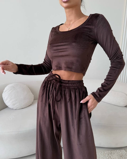 Damen Samt-Loungewear-Set mit Cropped-Langarmshirt und hoher Taillen-Palazzohose EB