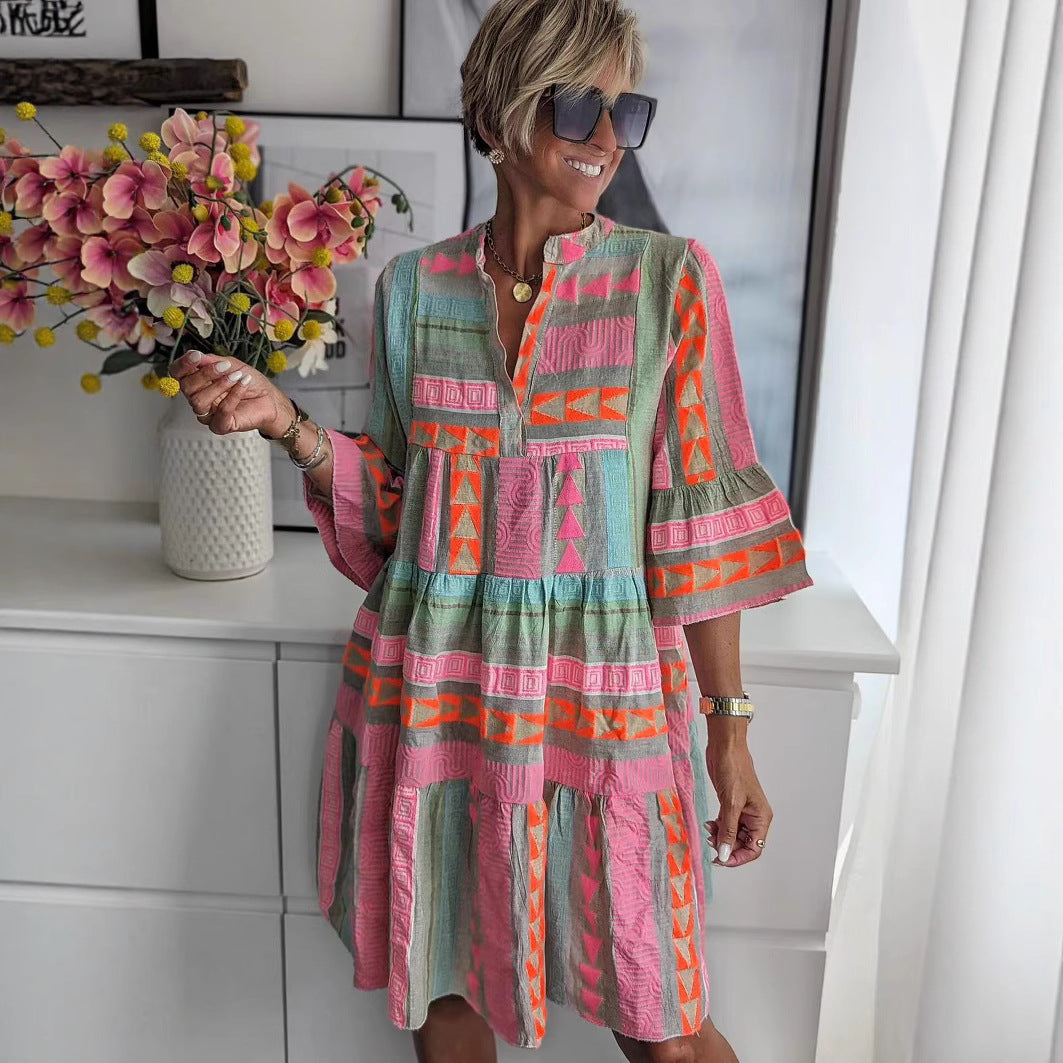 Damen luftiges Boho-Kleid mit eingewebten Mustern und kurzen Ärmeln EB