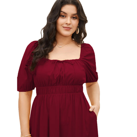 Damen elegantes Midikleid mit modischen Puffärmeln und Taillenschnürung EB
