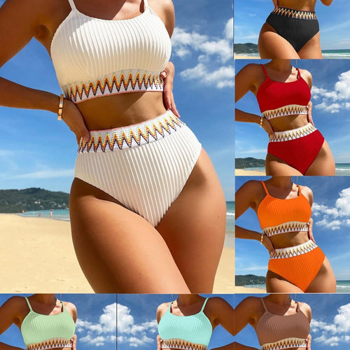 Damen Hochtailliertes Bikini-Set mit modischem Rippdesign und buntem Akzent EB