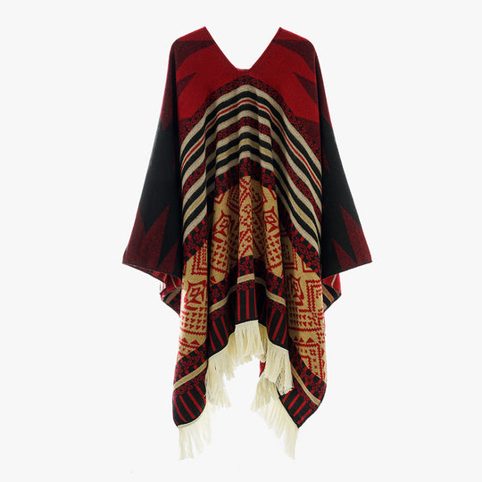 Damen Jacquard‑Ruana im Deckenstil mit V‑Ausschnitt, geometrischem Ethno‑Muster und Fransensaum EB
