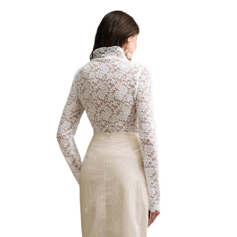 Damen Spitzenoberteil mit hohem Kragen und filigranem Blumendesign EB